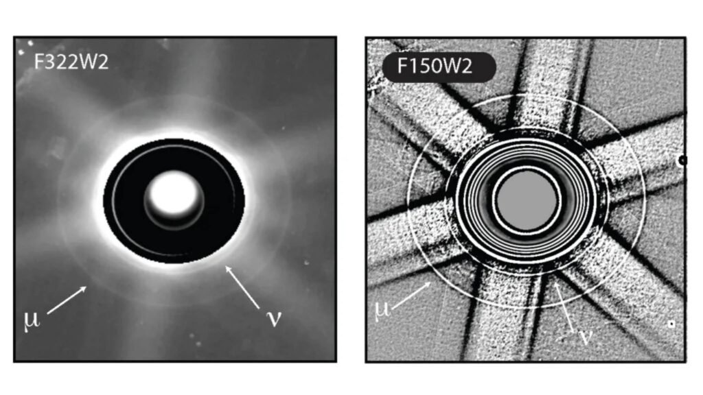 James Webb destacou os anéis externos de Urano com filtros especiais em 2025 (Imagem: NASA/ESA/Processamento de imagem: Imke de Pater, Matt Hedman)
