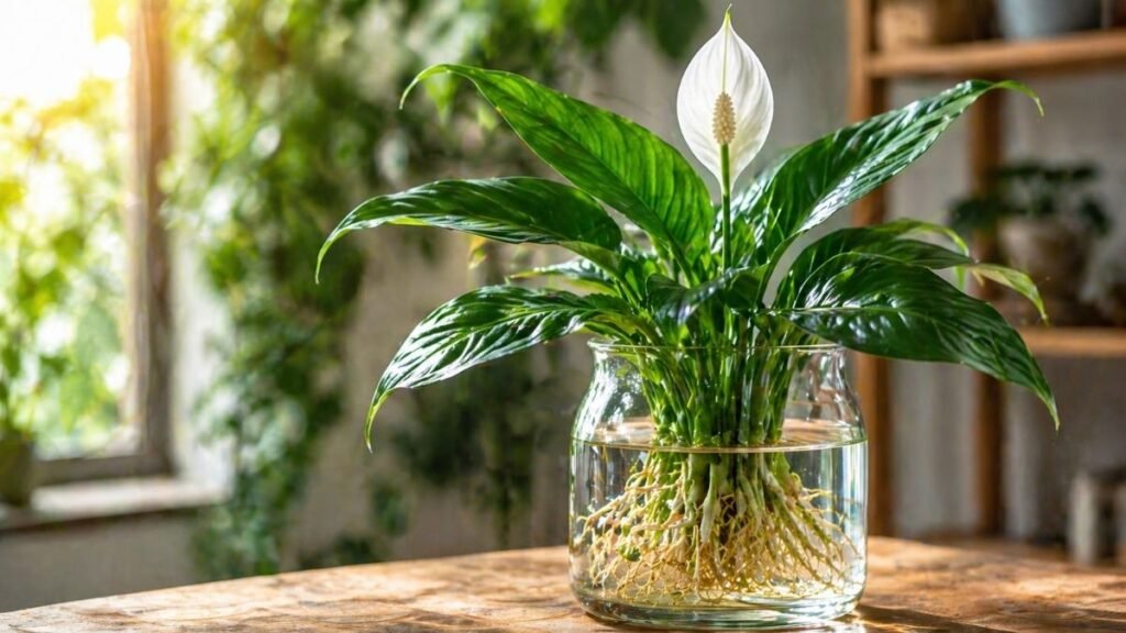 Lírio-da-paz em cultivo hidropônico com raízes visíveis. (Foto: Fala Ciência via ChatGPT)