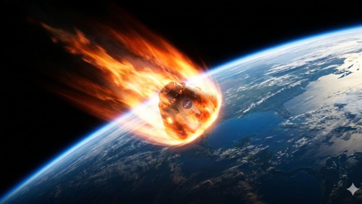 Reentrada aquece cápsula a quase 3 mil graus e exige escudo térmico eficiente (Imagem: Fala Ciência via Gemini)