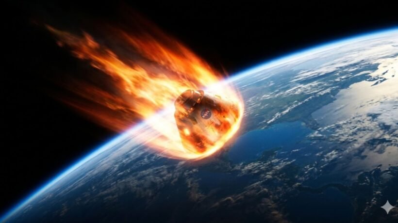 Reentrada aquece cápsula a quase 3 mil graus e exige escudo térmico eficiente (Imagem: Fala Ciência via Gemini)