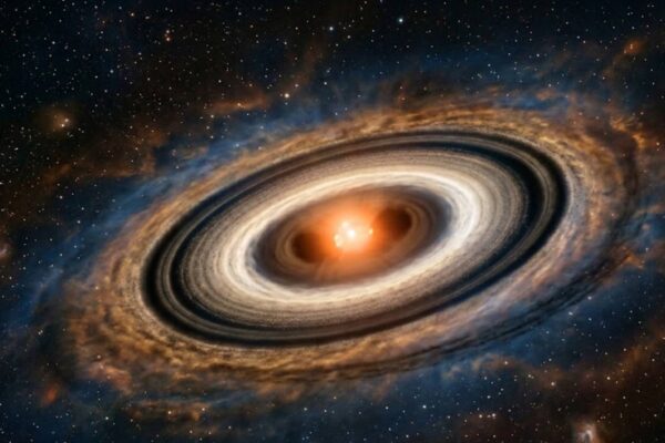Anéis de poeira revelam planetas invisíveis em formação ao redor de estrelas jovens. (Imagem: Fala Ciência via Gemini)