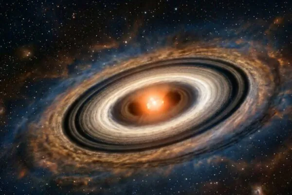 Anéis de poeira revelam planetas invisíveis em formação ao redor de estrelas jovens. (Imagem: Fala Ciência via Gemini)