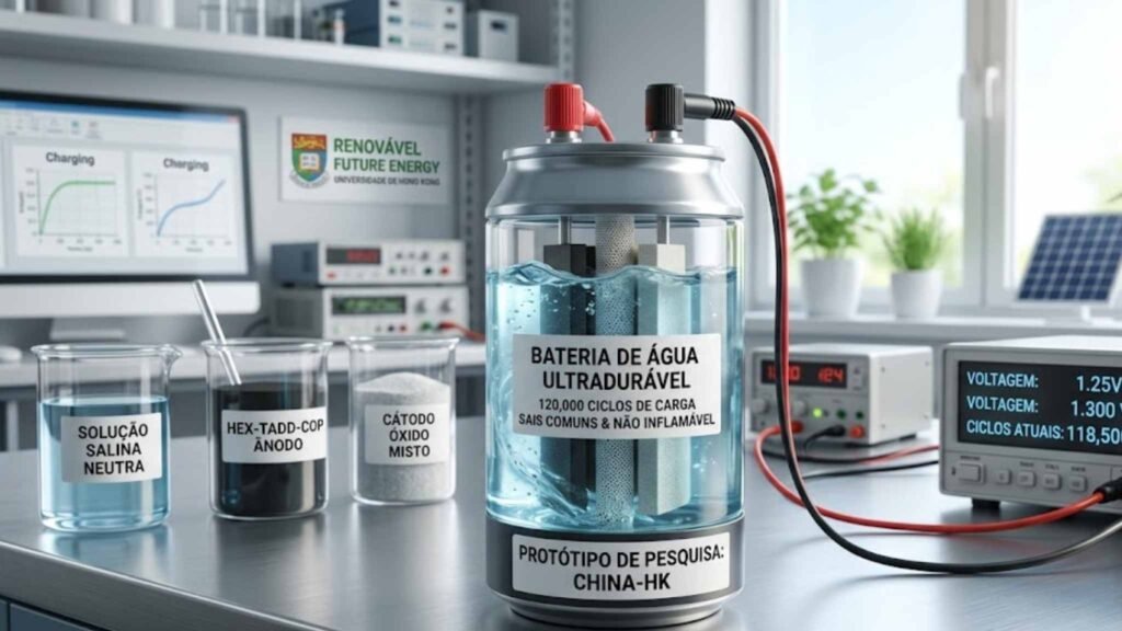 Tecnologia sustentável alcança 120 mil recargas usando eletrólito seguro à base de água. (Imagem: Fala Ciência via Gemini)

