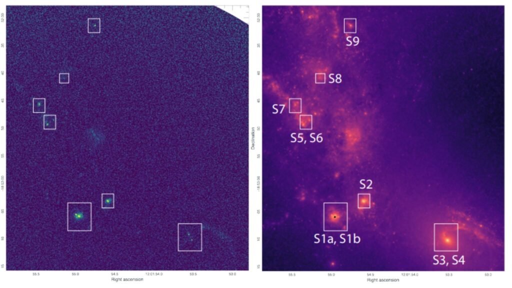 Imagens do ALMA e JWST destacam regiões específicas das Galáxias Antena em diferentes comprimentos de onda. (Imagem: arXiv (2026))
