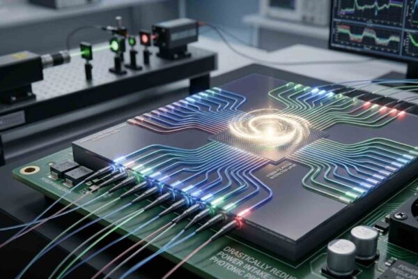 Nova tecnologia usa luz para acelerar inteligência artificial com consumo mínimo de energia. (Imagem: Fala Ciência via Gemini)