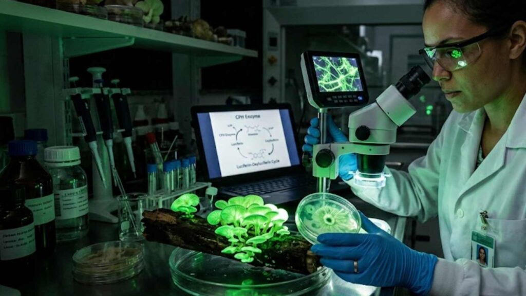 Cientistas revelam mecanismo que mantém fungos brilhando naturalmente por mais tempo. (Imagem: Fala Ciência via Gemini)
