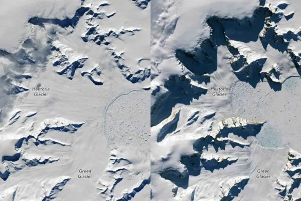 Imagens mostram a geleira Hektoria recuando rapidamente após perder enormes blocos de gelo flutuante. (Imagem: NASA/ Lauren Dauphin)