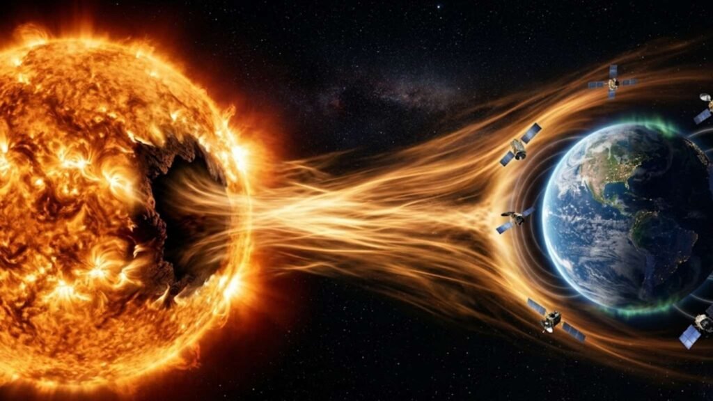 Tempestade solar moderada aumenta chances de auroras em regiões incomuns do planeta. (Imagem: Fala Ciência via Gemini)