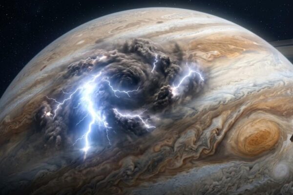 Tempestades extremas em Júpiter intrigam cientistas com relâmpagos colossais e misteriosos. (Imagem: Fala Ciência via Gemini)