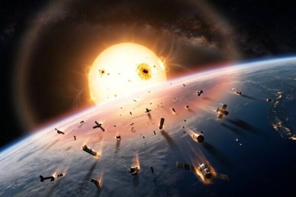 Atividade solar pode acelerar a queda de lixo espacial em órbita da Terra. (Imagem: Fala Ciência via Gemini)