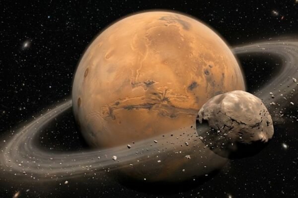 O destino de Fobos pode transformar Marte em planeta com anéis (Imagem: Fala Ciência via Gemini)