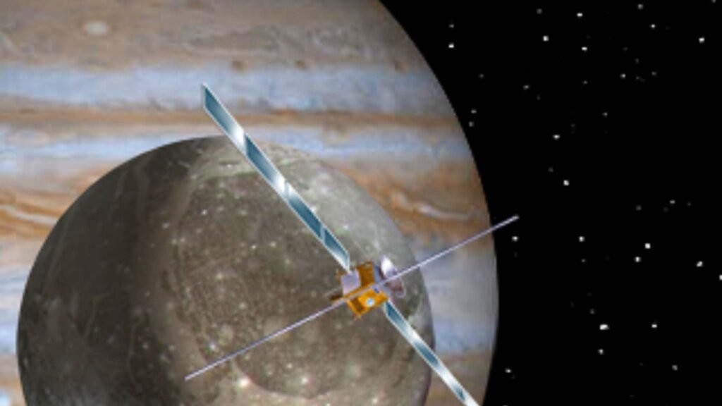 Missão JUICE investigará possíveis gêiseres gelados na maior lua de Júpiter. (Imagem: NASA/JPL)
