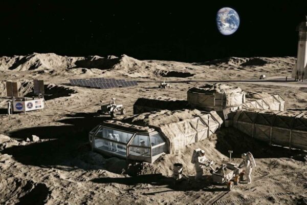 NASA planeja construir base lunar permanente com robôs, energia nuclear e habitações humanas até 2032. (Imagem: Fala Ciência via Gemini)