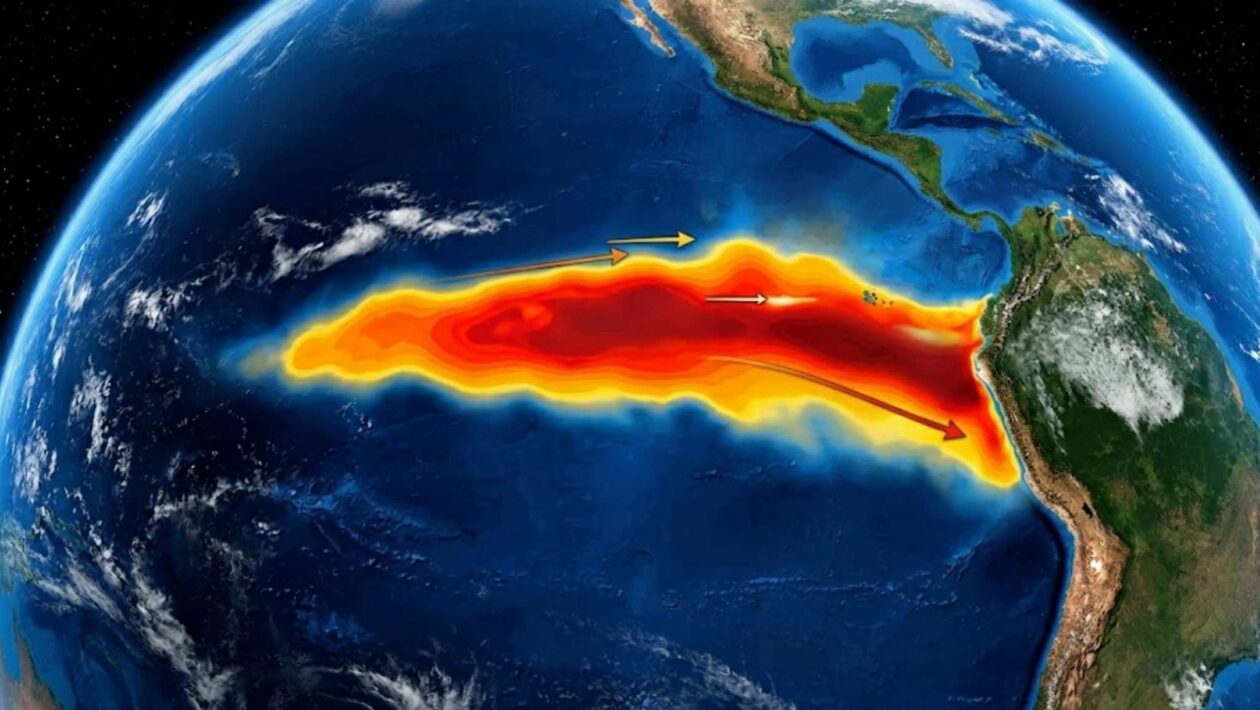 NASA monitora ondas quentes no Pacífico que podem intensificar o El Niño globalmente. (Imagem: Fala Ciência via Gemini)