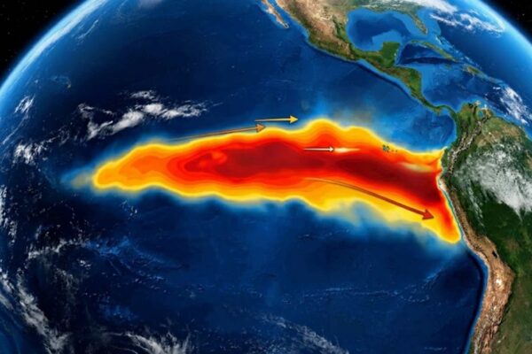 NASA monitora ondas quentes no Pacífico que podem intensificar o El Niño globalmente. (Imagem: Fala Ciência via Gemini)