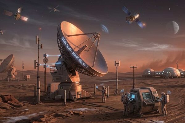 NASA quer criar rede espacial para conectar futuras missões humanas e robóticas em Marte. (Imagem: Fala Ciência via Gemini)
