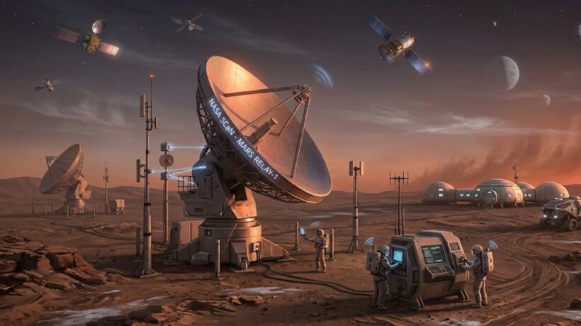 NASA quer criar rede espacial para conectar futuras missões humanas e robóticas em Marte. (Imagem: Fala Ciência via Gemini)