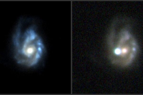SN 2017egm brilhou tanto que chegou a superar visualmente o brilho inteiro da galáxia. (Imagem: Sloan Digital Sky Survey (SDSS) e Pan-STARRS1 (PS1)/ Telescópio Óptico Nórdico usando o instrumento ALFOSC)