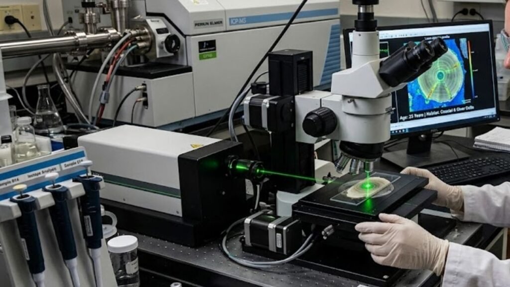 Uma ilustração de um cientista usando laser em vértebra de tubarão para análise geoquímica e estimativa precisa de idade (Imagem: Fala Ciência via Gemini)
