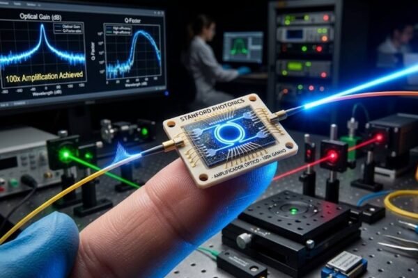 Chip de Stanford amplifica luz 100 vezes com consumo de energia extremamente baixo. (Imagem: Fala Ciência via Gemini)