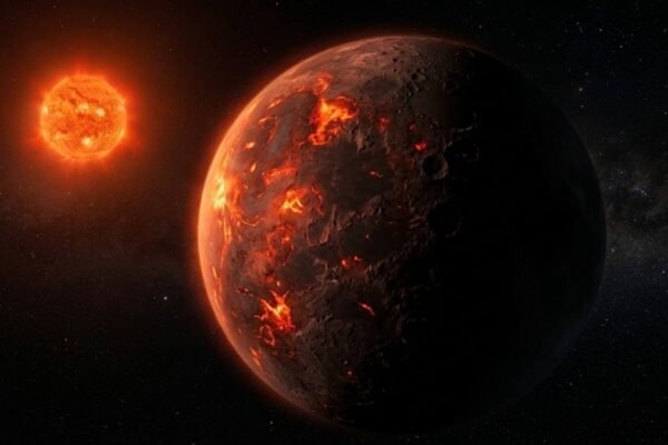 Super-Terra extrema mostra superfície rochosa e temperaturas capazes de derreter metais. (Imagem: Fala Ciência via Gemini)