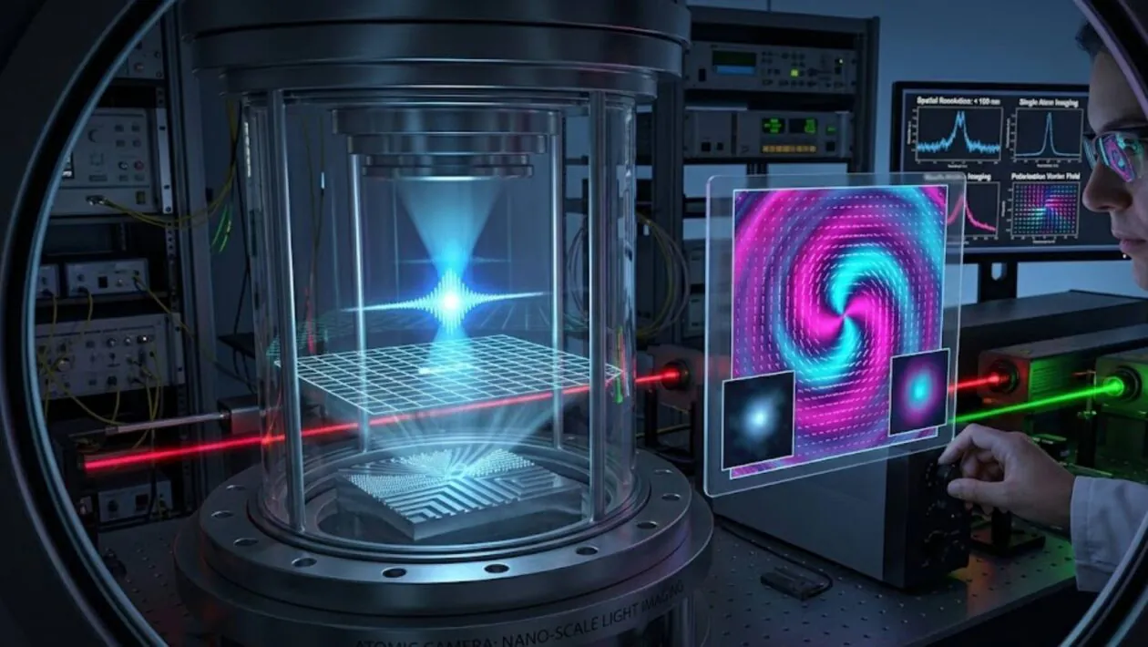 Nova câmera atômica revela estruturas invisíveis da luz com precisão nanométrica inédita. (Imagem: Fala Ciência via Gemini)