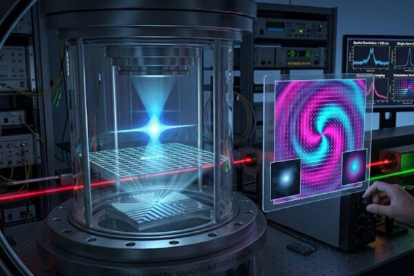 Nova câmera atômica revela estruturas invisíveis da luz com precisão nanométrica inédita. (Imagem: Fala Ciência via Gemini)