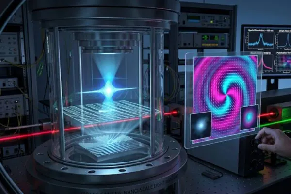 Nova câmera atômica revela estruturas invisíveis da luz com precisão nanométrica inédita. (Imagem: Fala Ciência via Gemini)