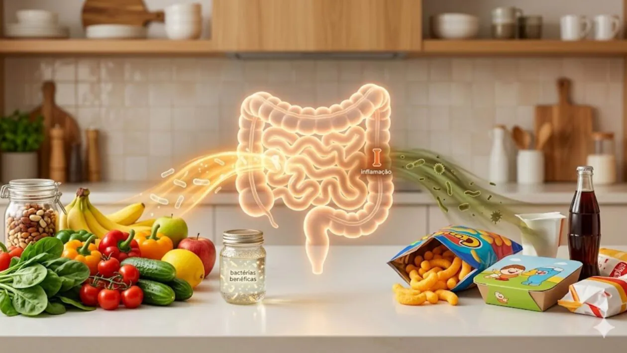 Dieta influencia intestino e processos inflamatórios. (Foto: Fala Ciência via Gemini)
