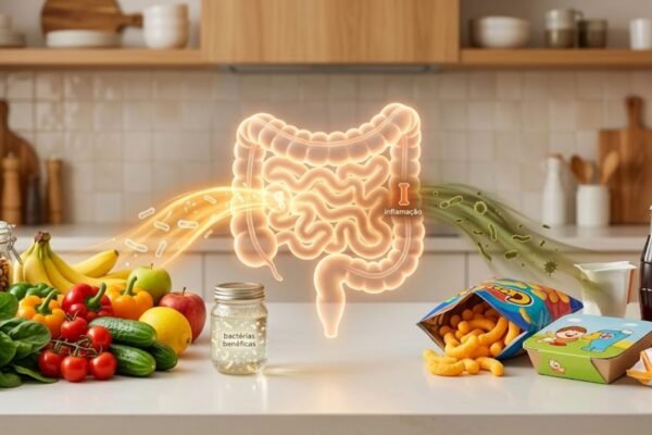 Dieta influencia intestino e processos inflamatórios. (Foto: Fala Ciência via Gemini)