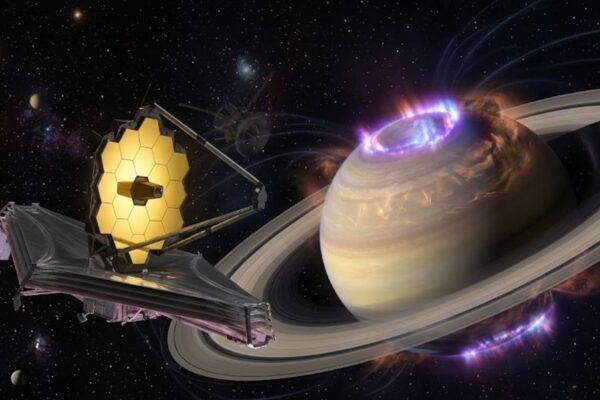 James Webb revela que auroras de Saturno criam ilusão sobre rotação do planeta gigante. (Imagem: Fala Ciência via Gemini)