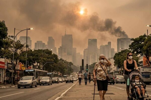 Mudanças climáticas podem tornar o ar do verão muito mais tóxico e perigoso. (Imagem: Fala Ciência via Gemini)