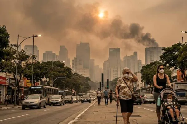 Mudanças climáticas podem tornar o ar do verão muito mais tóxico e perigoso. (Imagem: Fala Ciência via Gemini)
