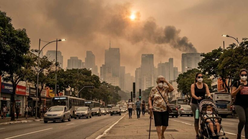 Mudanças climáticas podem tornar o ar do verão muito mais tóxico e perigoso. (Imagem: Fala Ciência via Gemini)