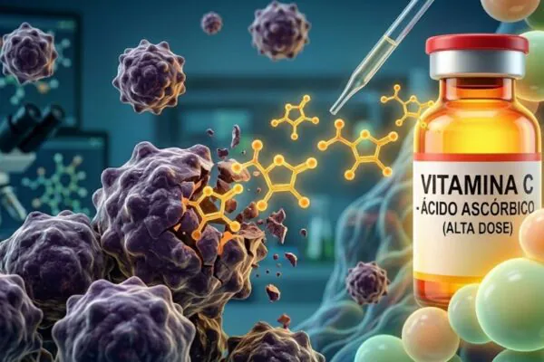 Vitamina C em altas doses afeta células tumorais. (Foto: Fala Ciência via Gemini)