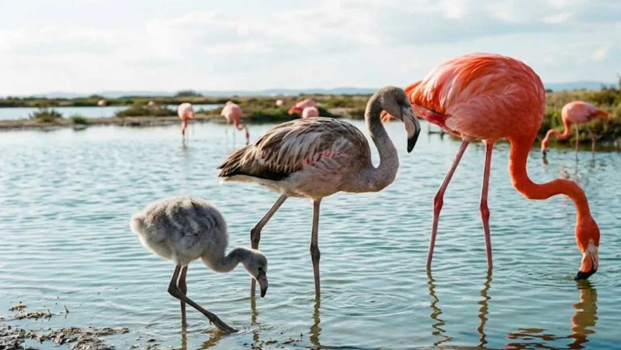 Os flamingos nascem cinzas e só ficam cor de rosa graças aos pigmentos presentes na alimentação. (Imagem: Fala Ciência via Gemini)