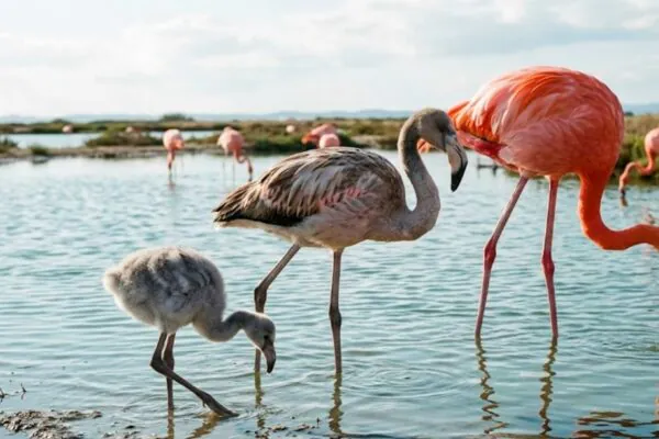Os flamingos nascem cinzas e só ficam cor de rosa graças aos pigmentos presentes na alimentação. (Imagem: Fala Ciência via Gemini)