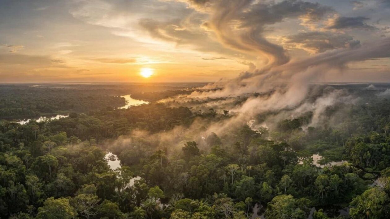 As florestas ajudam a produzir a própria chuva e influenciam o clima muito além de suas fronteiras. (Imagem: Fala Ciência via Gemini)