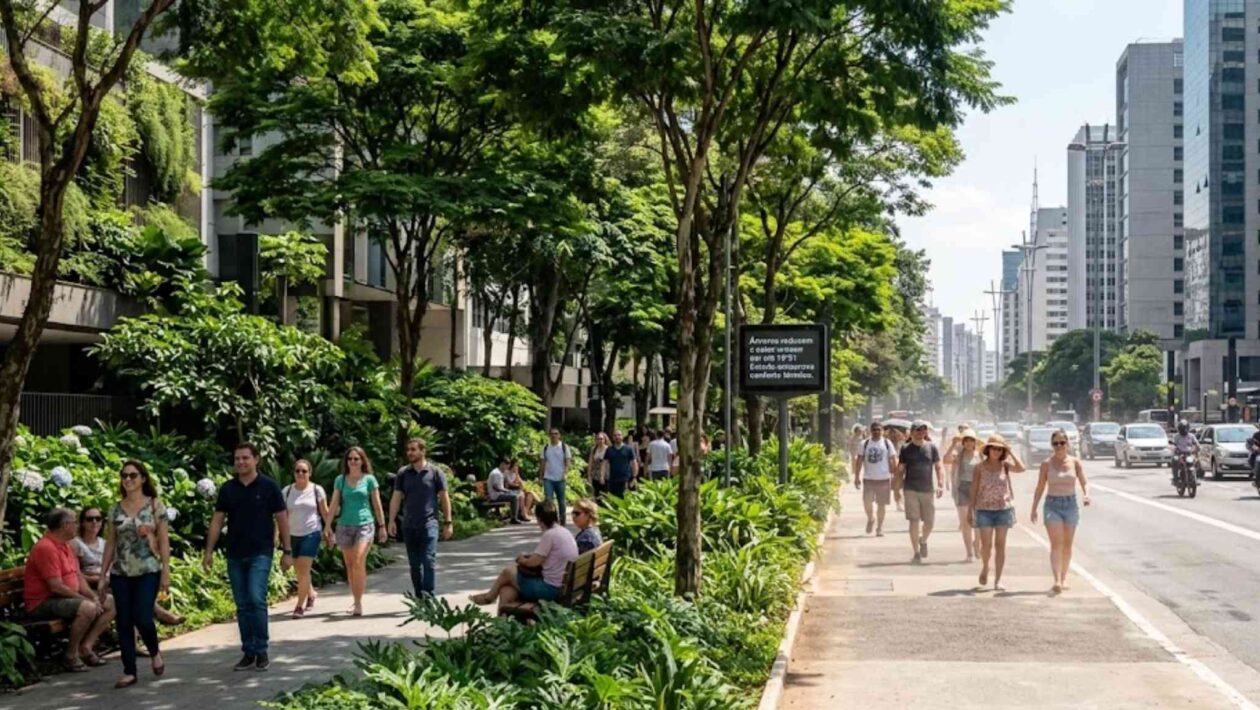 Árvores certas podem reduzir o calor urbano em até 18°C, mostra estudo. (Imagem: Fala Ciência via Gemini)
