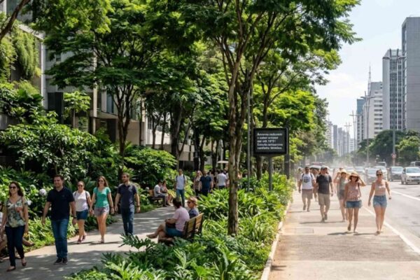 Árvores certas podem reduzir o calor urbano em até 18°C, mostra estudo. (Imagem: Fala Ciência via Gemini)