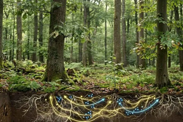 As árvores trocam sinais invisíveis e podem alertar vizinhas sobre perigos iminentes na floresta. (Imagem: Fala Ciência via Gemini)