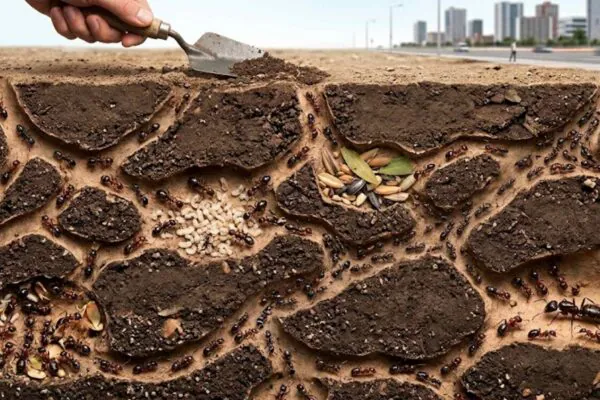 Os formigueiros funcionam como cidades altamente organizadas, construídas pela incrível inteligência coletiva das formigas. (Imagem: Fala Ciência via Gemini)