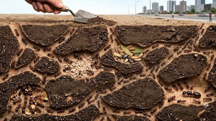 Os formigueiros funcionam como cidades altamente organizadas, construídas pela incrível inteligência coletiva das formigas. (Imagem: Fala Ciência via Gemini)