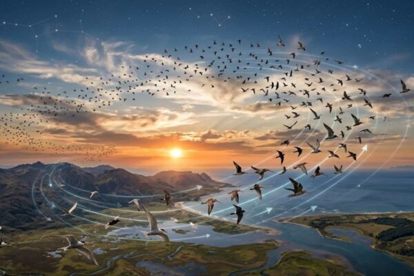 Como aves cruzam continentes e voltam ao mesmo lugar sem GPS? (Imagem: Fala Ciência via Gemini)