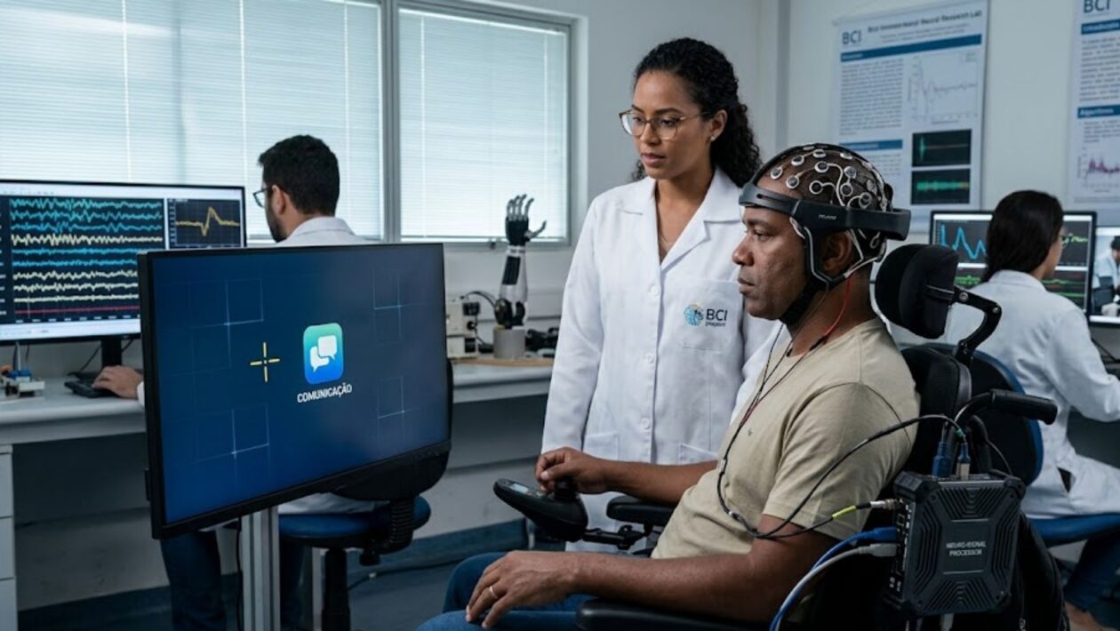 Pensamentos já podem controlar máquinas. O futuro cérebro-computador já começou (Imagem: Fala Ciência via Gemini)