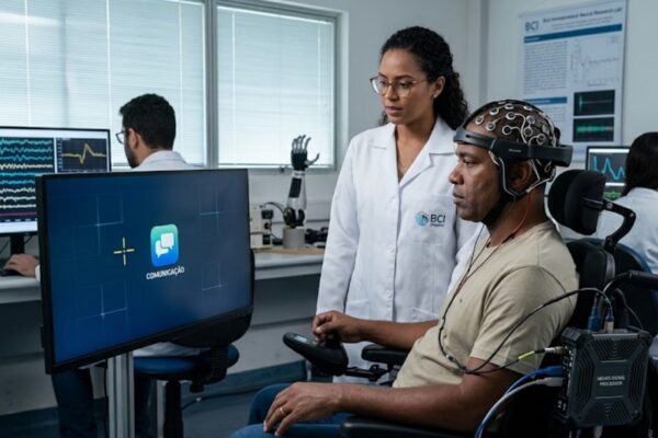 Pensamentos já podem controlar máquinas. O futuro cérebro-computador já começou (Imagem: Fala Ciência via Gemini)