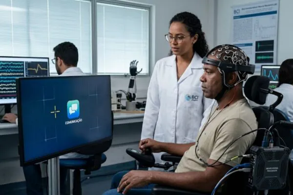 Pensamentos já podem controlar máquinas. O futuro cérebro-computador já começou (Imagem: Fala Ciência via Gemini)