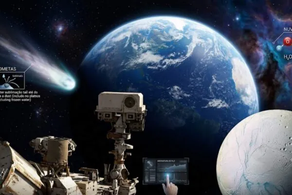 Água não é exclusividade da Terra: ela está espalhada pelo Universo. (Imagem: Fala Ciência via Gemini)