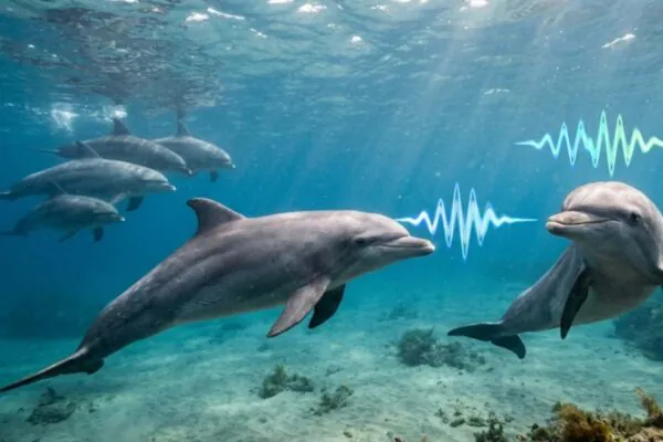 Golfinhos usam sons únicos que funcionam como verdadeiros nomes no oceano. (Imagem: Fala Ciência via Gemini)