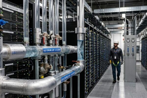 Google promete devolver mais água do que consome para sustentar a inteligência artificial. (Imagem: Fala Ciência via Gemini)